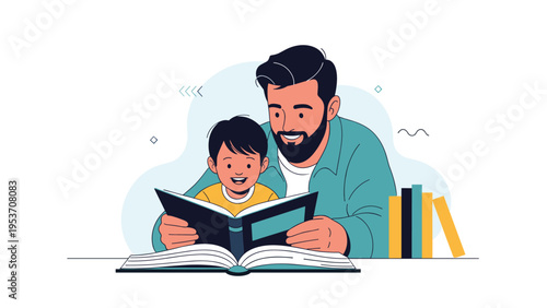 Caring father reading an interesting storybook to his young son sitting at a table for early childhood education.