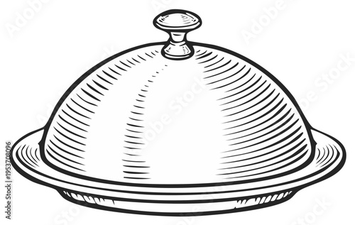 Engraved Illustration of Covered Serving Dish for Dinner Table, Restaurant Decor