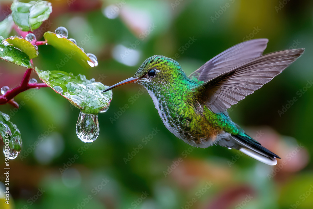 Obraz premium Hummingbird Drinking from Dewdrop on a Leaf