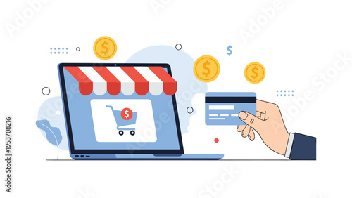 Online shopping and ecommerce concept with hand holding a credit card in front of a laptop showing a retail store.