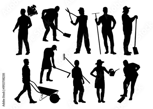 Various worker silhouettes performing different jobs