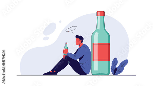 Depressed alcoholic man sitting on the floor leaning against a giant bottle representing addiction and loneliness.