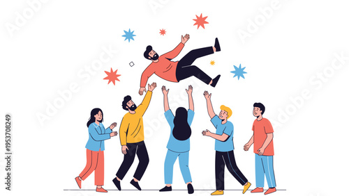 Joyful team of friends throwing a man in the air to celebrate success and victory together in a group activity.
