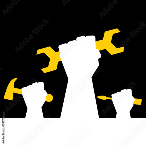 Workers raising tools together teamwork concept