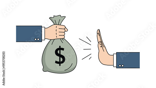 Hand refusing a bag of money with a stop gesture representing anti corruption measures and ethical business conduct.