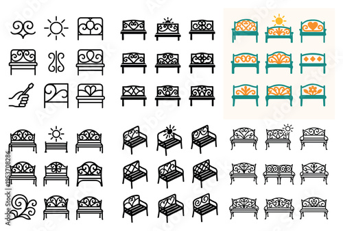 Garden icons with ornate bench seat vintage decorative