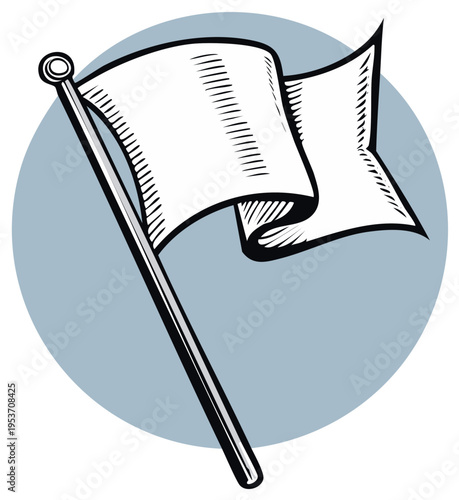 Waving white flag on pole in vintage engraving style symbolizing peace surrender or a new beginning