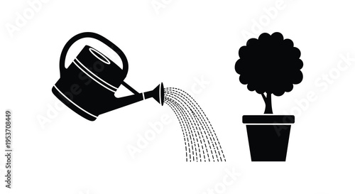 A watering can pours water onto a potted plant creating a simple contrasting image silhouette high quality professional detailed modern elegant