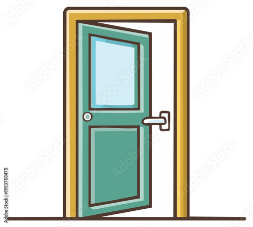 Open teal door with glass pane and metal handle revealing opportunity and new beginnings