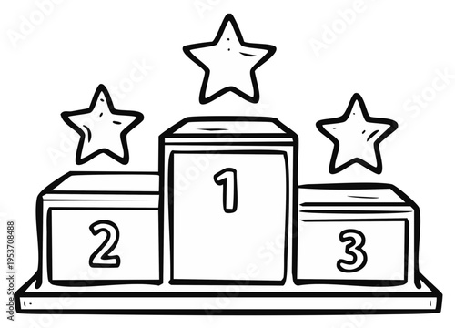 Hand drawn winners podium with first second and third place and stars line art illustration