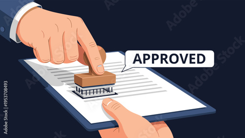 Official hand stamping an approved seal on a legal document on a clipboard for contract confirmation and business.
