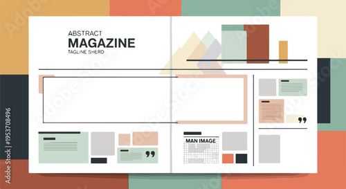 A magazine layout with shapes, text and different colors