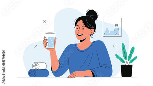 Healthy young woman sitting at a table holding a glass of fresh water to maintain proper hydration and wellness.