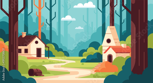 A serene forest landscape with houses, winding path, trees, and sky