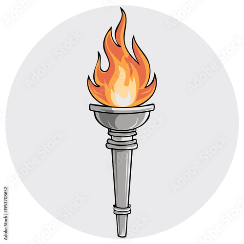 Illustration of a burning Olympic torch with bright flames against a light background