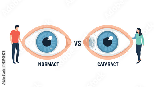 Comparison illustration showing the difference between a normal healthy human eye and one affected by cataracts for medical education purposes.