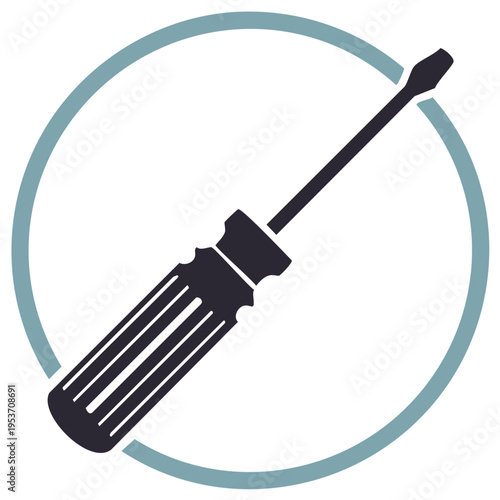 Classic flathead screwdriver tool silhouette enclosed within a circular emblem representing repair and service