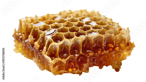 Golden natural honeycomb piece filled with sweet viscous honey and vibrant orange pollen grains, isolated on transparent background, a delicious organic food source