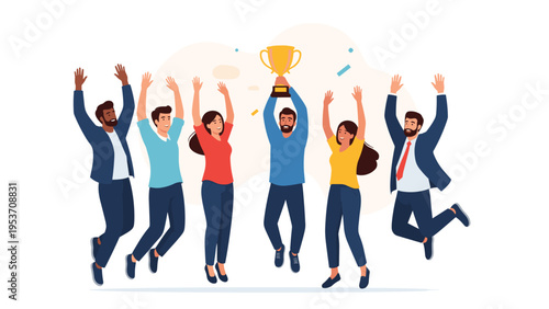 Diverse group of happy young people jumping for joy and cheering together while holding a golden trophy to celebrate a successful team victory.
