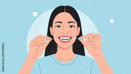 Cheerful young woman practicing good dental hygiene by flossing her teeth against a soft blue background with tooth icons in vector style.