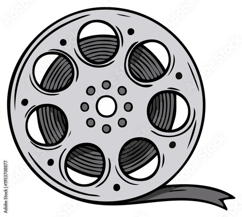 Retro movie film reel illustration in gray with black outline and ribbon