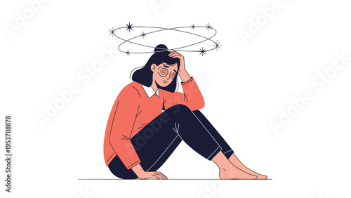 Young woman sitting on the ground looking stressed and feeling dizzy with spinning stars around her head, indicating a headache or vertigo.