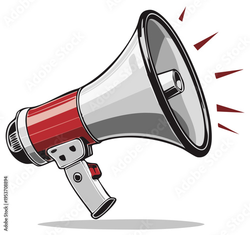 Vintage Megaphone Amplifying Sound Waves Red and Silver Retro Device