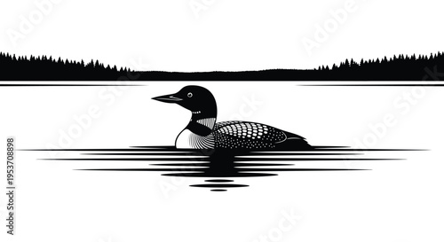 A striking black and white image depicts a common loon swimming on water framed by trees in silhouette high quality professional
