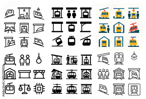 Transport icons with cable car gondola stations flat