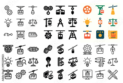 Transport icons with cable car pulley gear outline colorful
