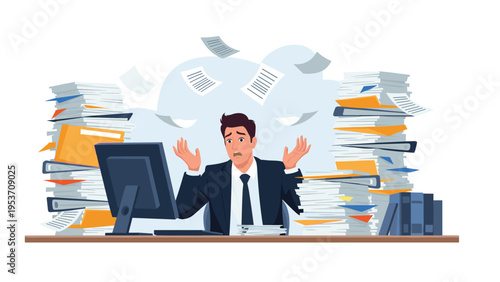 Stressed businessman looking overwhelmed while sitting at his office desk surrounded by massive stacks of folders and flying paperwork.