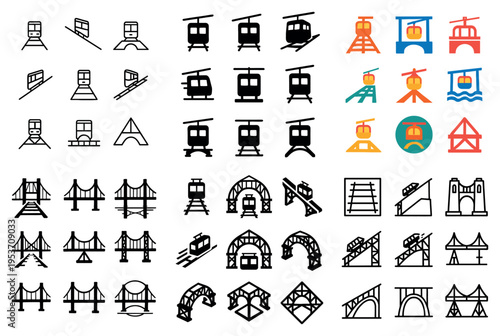 Transportation icons with cable car bridge tunnel outline