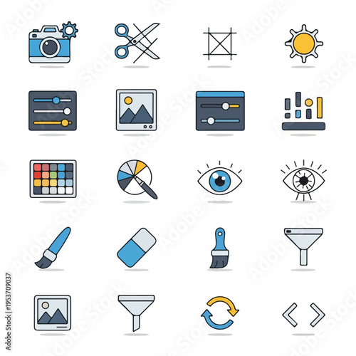 A set of colorful flat design icons for editing and image manipulation