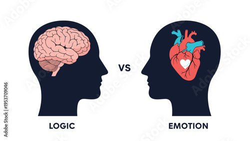 Conceptual illustration comparing logic and emotion by showing a brain and a heart inside human head silhouettes for psychological analysis.