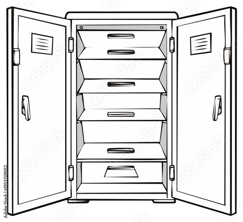 Empty metal school or gym locker with doors wide open vector style drawing