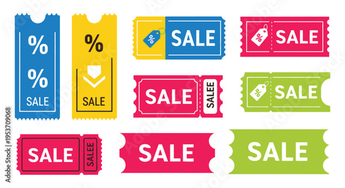Colorful sale tags and ribbons with percentage signs and discount offers are displayed in a flat design style silhouette high quality