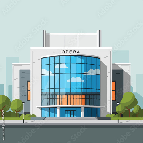 A modern, cartoon opera building, with trees and a light post