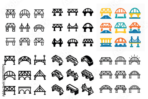 Bridge icons with arch truss suspension flat colorful