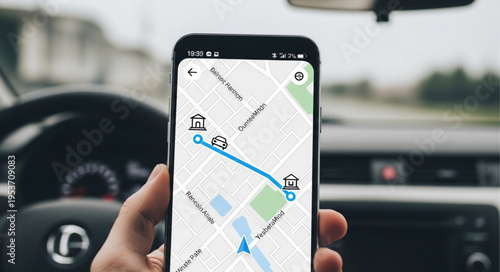 Smartphone displaying navigation app in a car interior.
