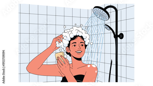Cheerful woman enjoying a refreshing shower while washing her hair with soap bubbles in a tiled bathroom setting for a daily hygiene routine.
