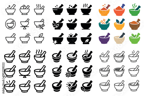 Mortar icons with pestle bowl leaf flat