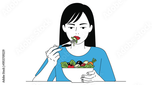 Young woman focused on eating a nutritious fresh salad from a white bowl, representing a healthy diet and wellness-oriented lifestyle choice.