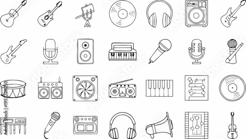 Music and entertainment icons set black and white illustrations of audio equipment and musical instruments
