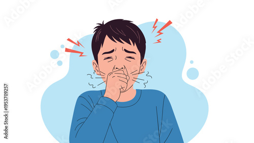 Young boy looking distressed while coughing into his hand, depicting a childhood respiratory illness like a common cold or the seasonal flu.