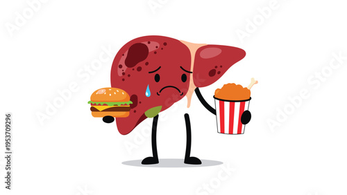 Unhappy human liver character looking tired and holding a burger and fried chicken to illustrate the negative effects of fatty foods on health.