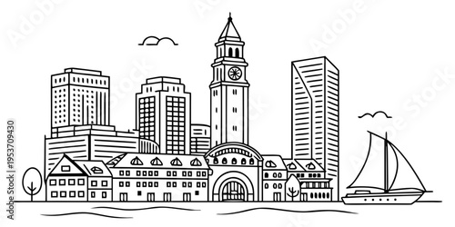 USA, US, U.S, United States - Boston skyline harbor line art svg minimal vector clean architecture