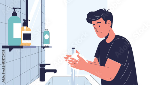 Young man practicing good hygiene by thoroughly washing his hands with soap at a bathroom sink to prevent the spread of germs and viruses.