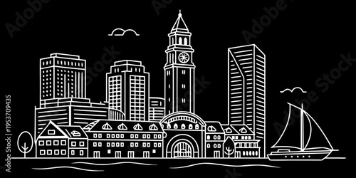 USA, US, U.S, United States - Boston skyline harbor line art svg minimal vector clean architecture