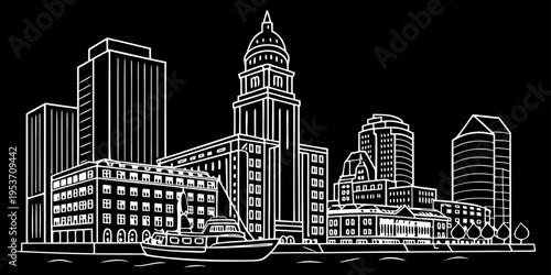 USA, US, U.S, United States - Boston skyline harbor line art svg minimal vector clean architecture