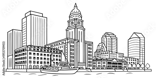 USA, US, U.S, United States - Boston skyline harbor line art svg minimal vector clean architecture